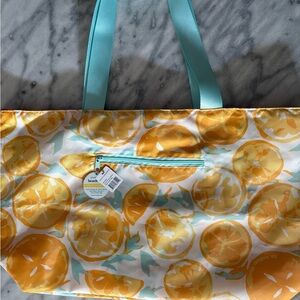 RockFlowerPaper Citrus Print Yellow Beach Tote with Aqua Handles
